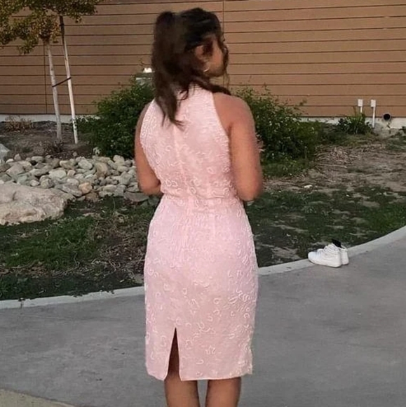 Baby Pink Beaded Dress With Pearls Illusion Shape Top 100 Percent Slik - Picture 1 of 8